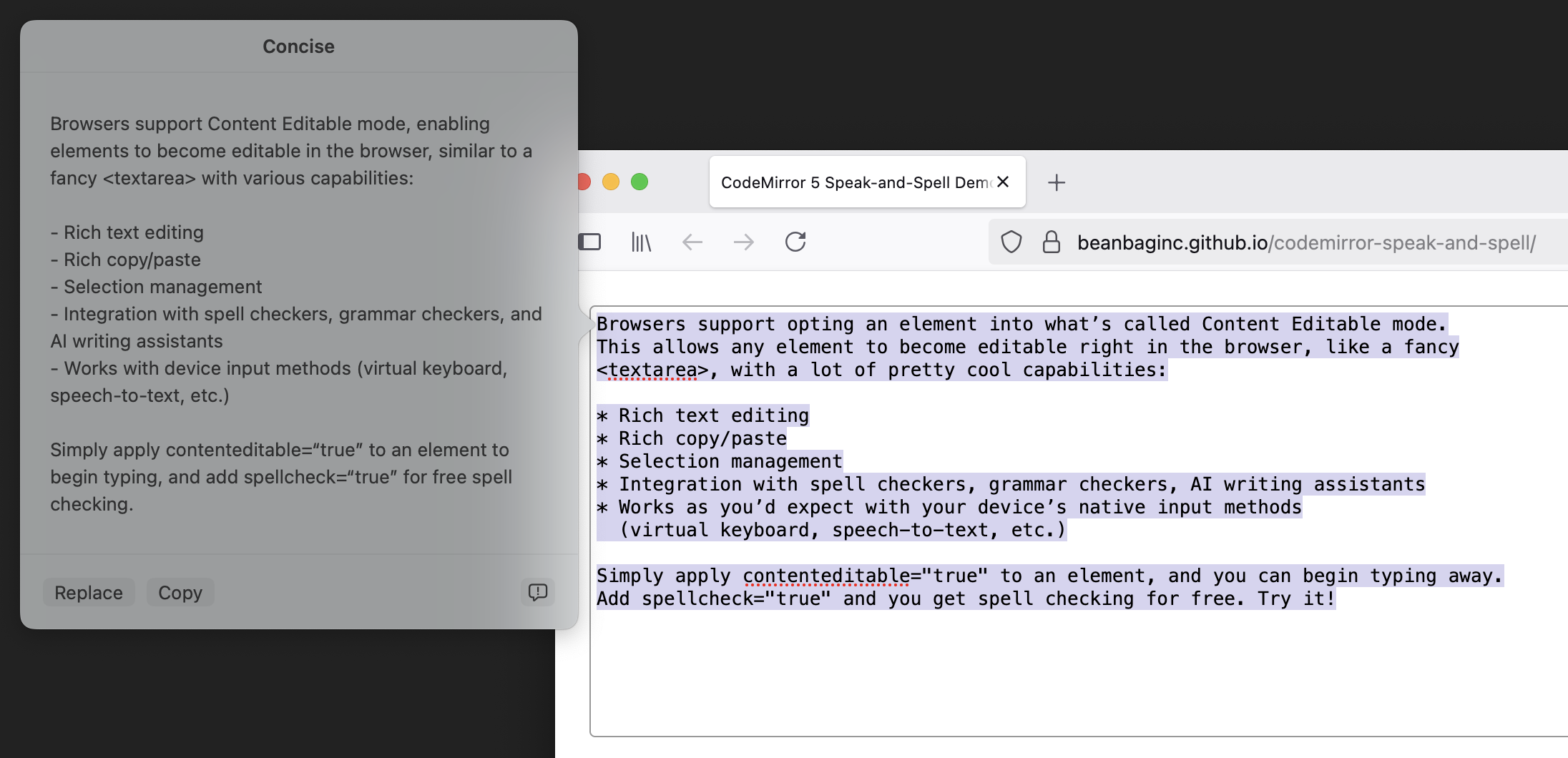 A screenshot of a text field in CodeMirror with text highlighted and macOS's AI Writing Tools providing a concise version of the text.