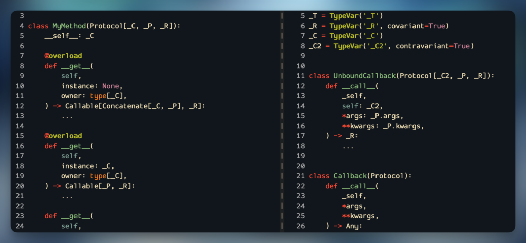 Screenshot of Python code defining some example Python types for functions